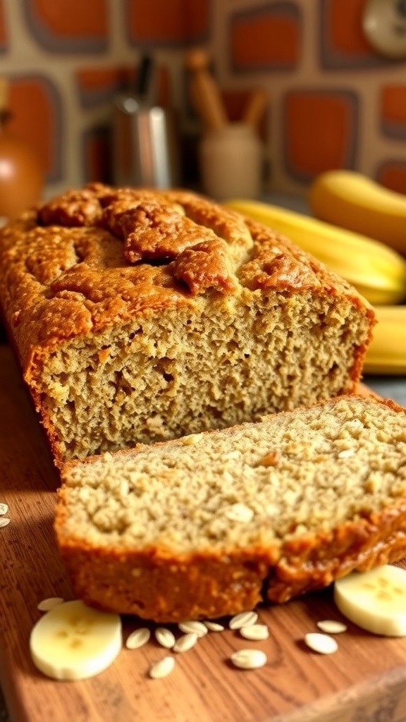 Sliced banana oatmeal bread on a cutting board with banana slices and oats.
